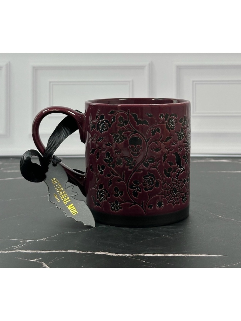 Spooky Dark Purple Ceramic Mug with Skull and Spiderweb Design Sunday Morning